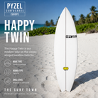 Tabla de surf Pyzel Happy Twin en fotografía editorial propia de THE SURF TOWN con ambiente surf lifestyle premium, playa tropical, mar turquesa y escenario costero diseñado para destacar este moderno twin fin inspirado en los clásicos winged swallow twin de alto rendimiento.