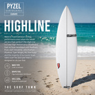Tabla de surf Pyzel Highline en fotografía editorial propia de THE SURF TOWN con ambiente surf lifestyle premium, playa soleada, mar turquesa y escenario costero diseñado para destacar este high performance shortboard desarrollado para maximizar el rendimiento incluso cuando las condiciones no son perfectas.