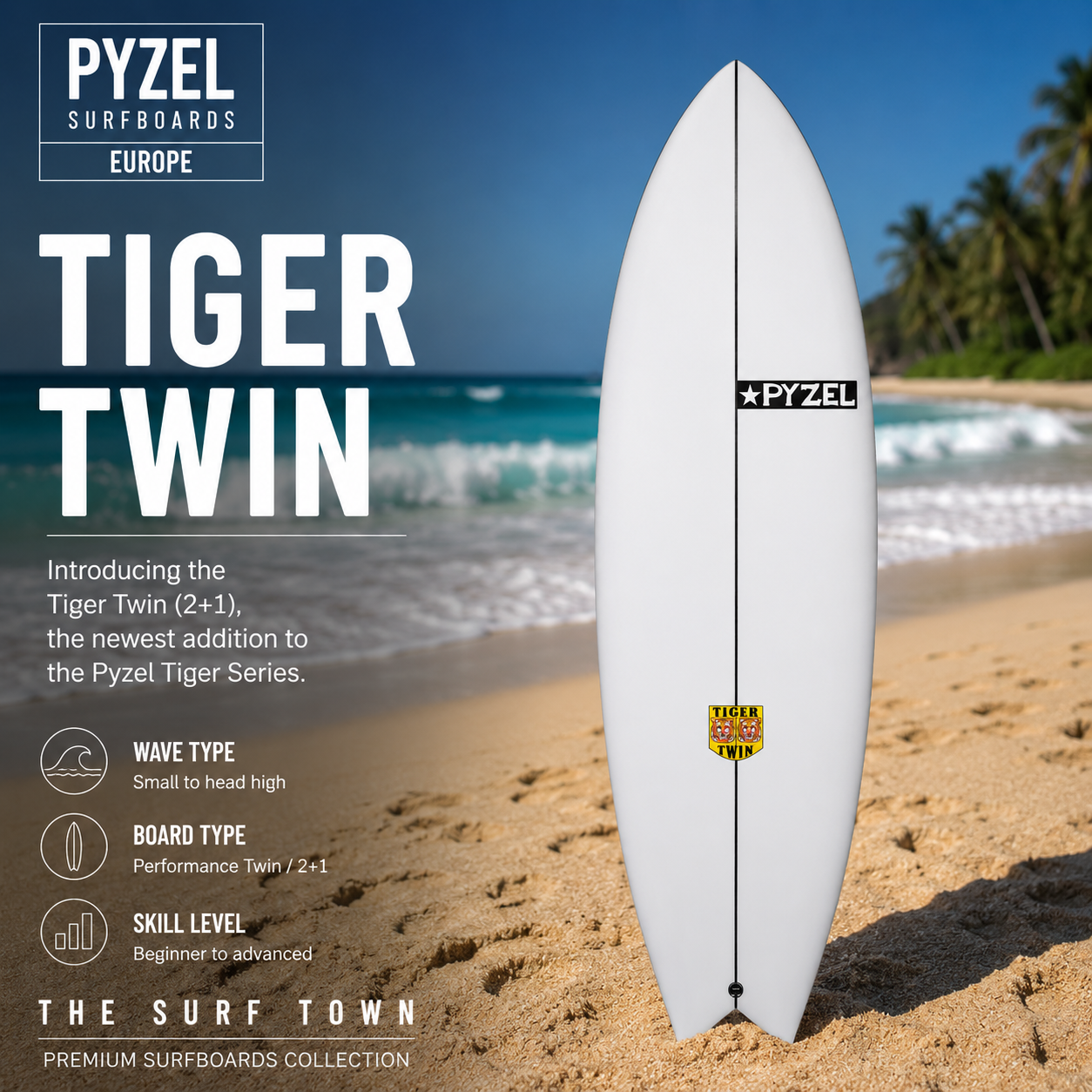 Tabla de surf Pyzel Tiger Twin en fotografía editorial propia de THE SURF TOWN con ambiente surf lifestyle premium, playa tropical, mar turquesa y escenario costero diseñado para destacar este moderno twin fin 2+1 de la serie Tiger, rápido, reactivo y divertido para una amplia variedad de condiciones.
