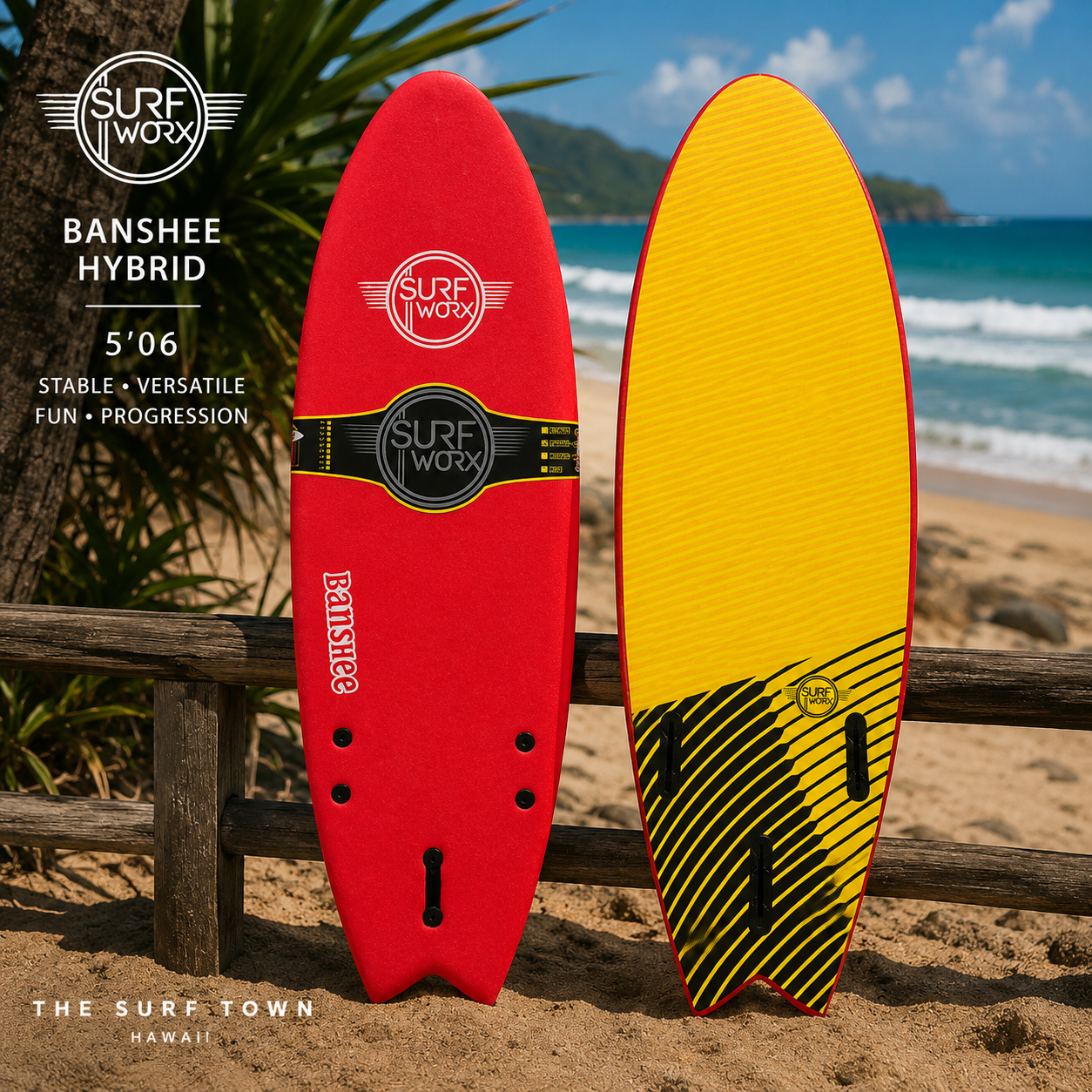 Tabla de Surf SurfWorx Banshee Hybrid 5.6 en fotografía editorial propia de THE SURF TOWN mostrando deck y bottom sobre arena junto al mar con diseño softboard para progresión y diversión