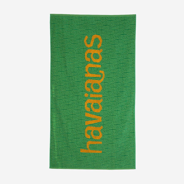 Toalla Havaianas Green Yellow Plus verde con logo amarillo de playa 100x200 cm 100% algodón