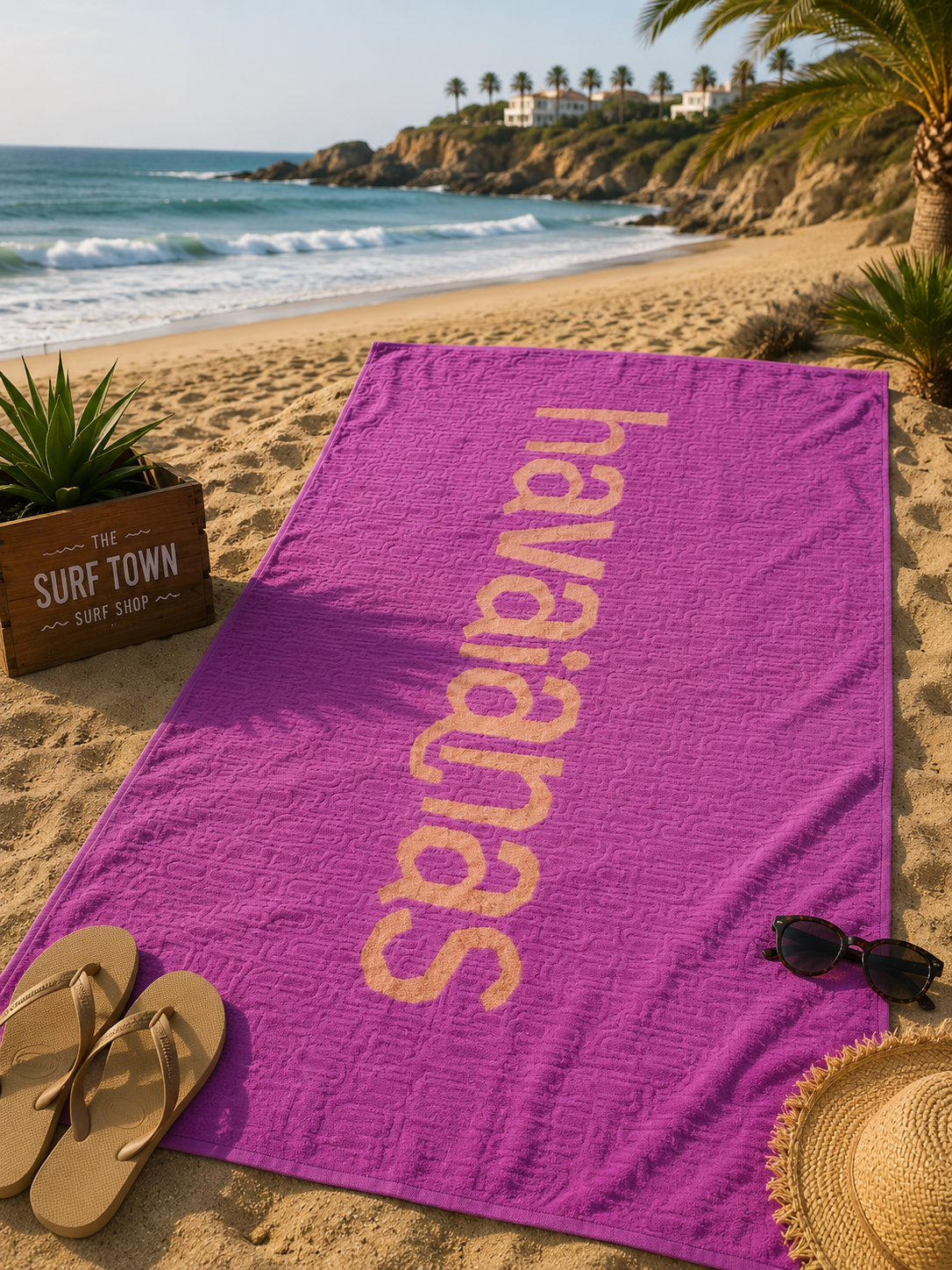 Toalla Havaianas Purple Coral Plus de gran tamaño en ambiente beach surf lifestyle premium