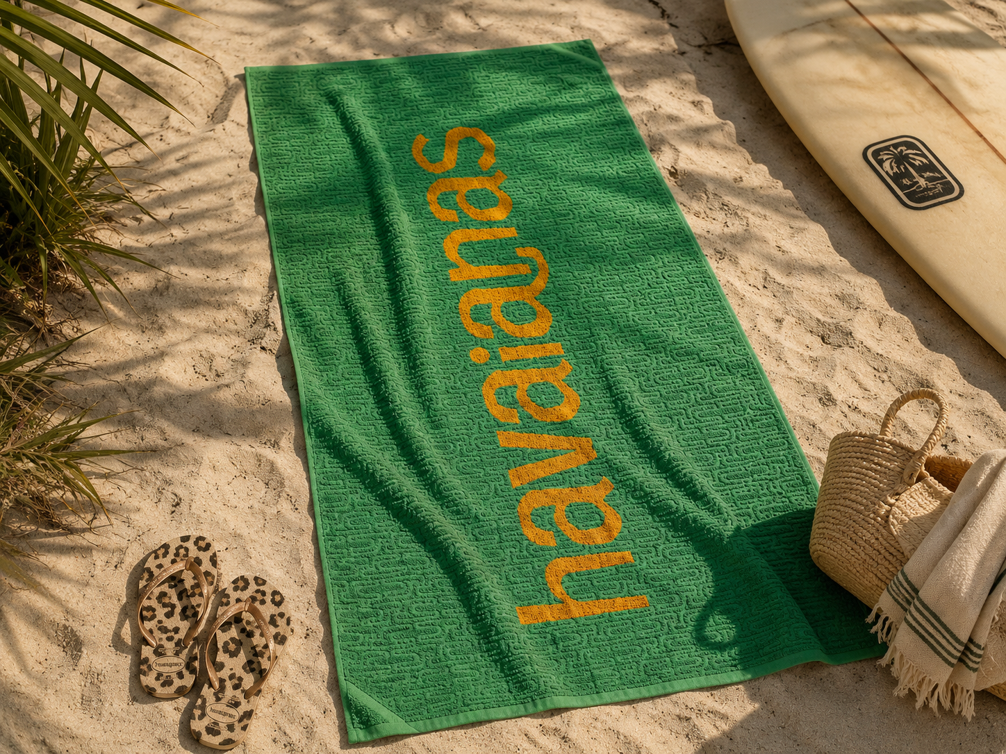 Toalla Havaianas verde y amarilla sobre arena junto a tabla de surf y accesorios beach lifestyle en ambiente premium Costa del Sol
