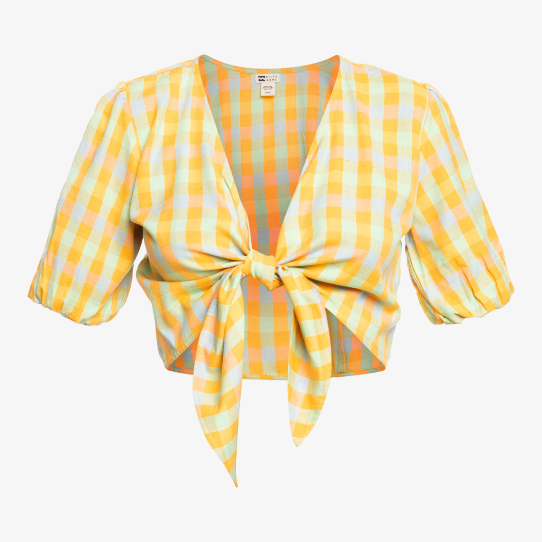 Top BILLABONG As You Wish crop a cuadros amarillo con lazo frontal y mangas abullonadas para mujer