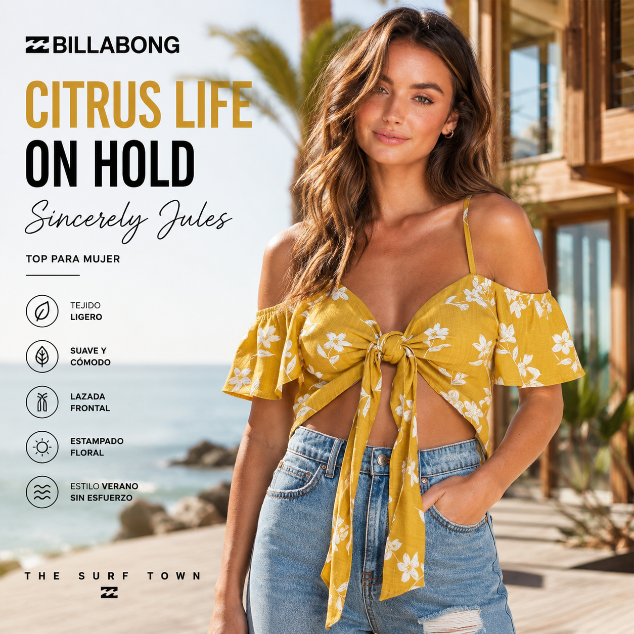 Top Billabong Citrus Life On Hold Sincerely Jules en fotografía editorial propia de THE SURF TOWN, top floral amarillo para mujer con lazada frontal y estilo surf lifestyle premium