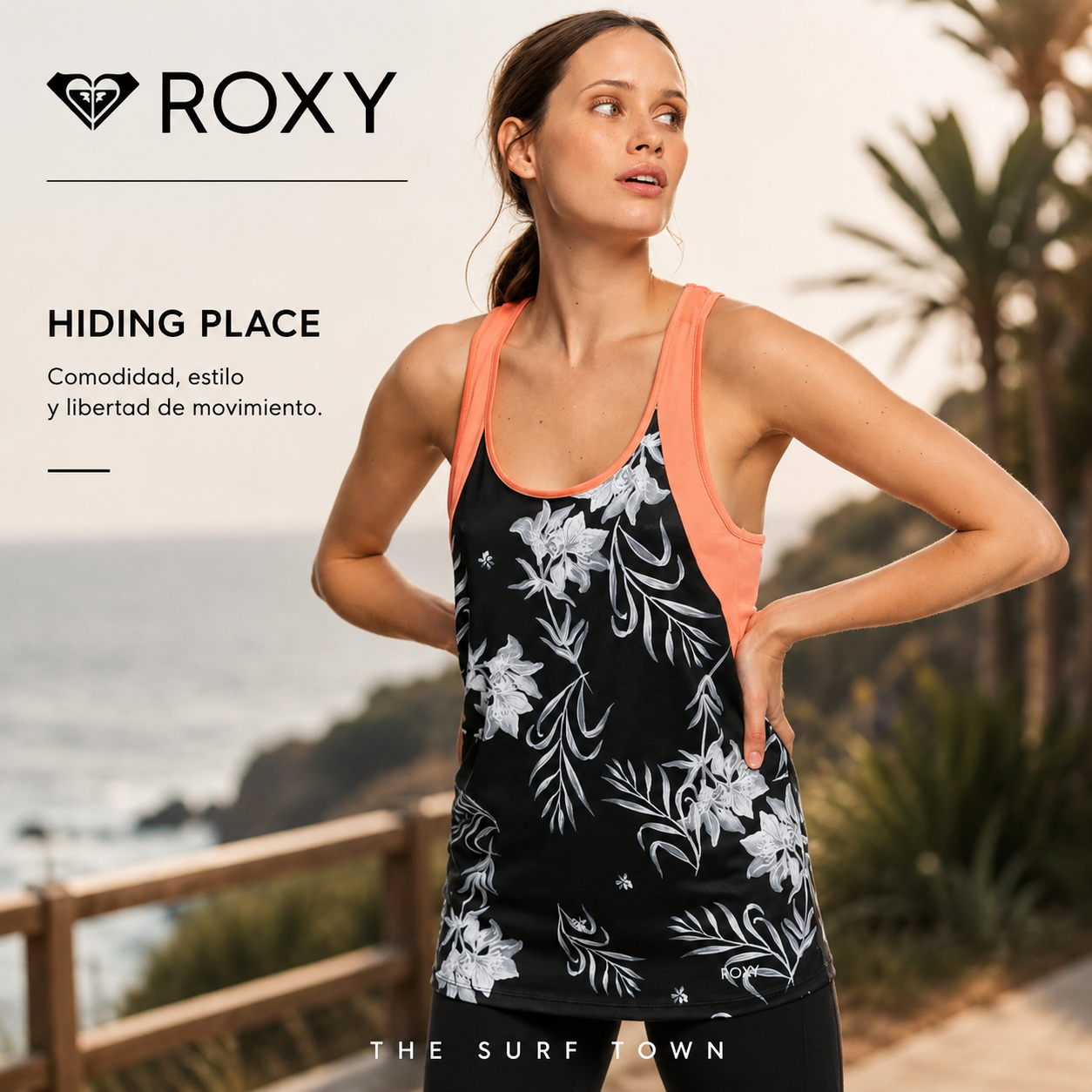 Top Deportivo Roxy Hiding Place para mujer en fotografía editorial propia de THE SURF TOWN con estampado floral y estilo fitness surf lifestyle