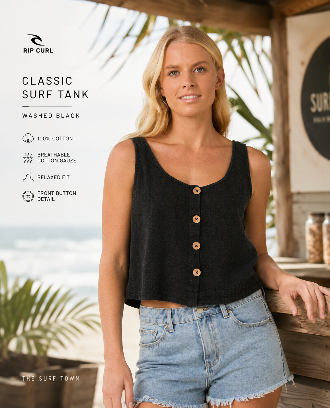 Top Rip Curl Classic Surf Tank Washed Black para mujer en escena lifestyle surf premium tropical