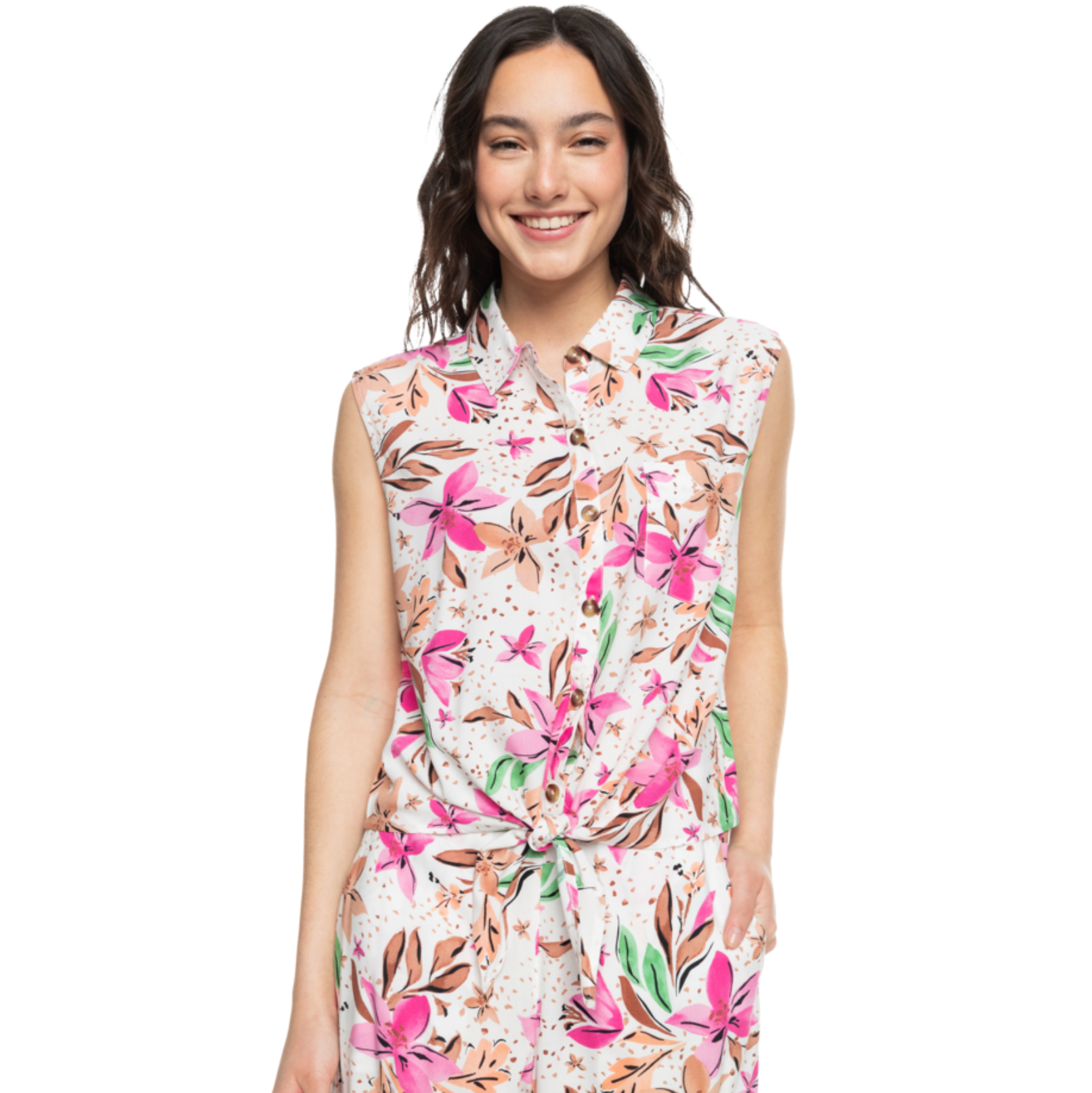 Top ROXY Tropical View mujer viscosa estampado tropical blanco con botones verano