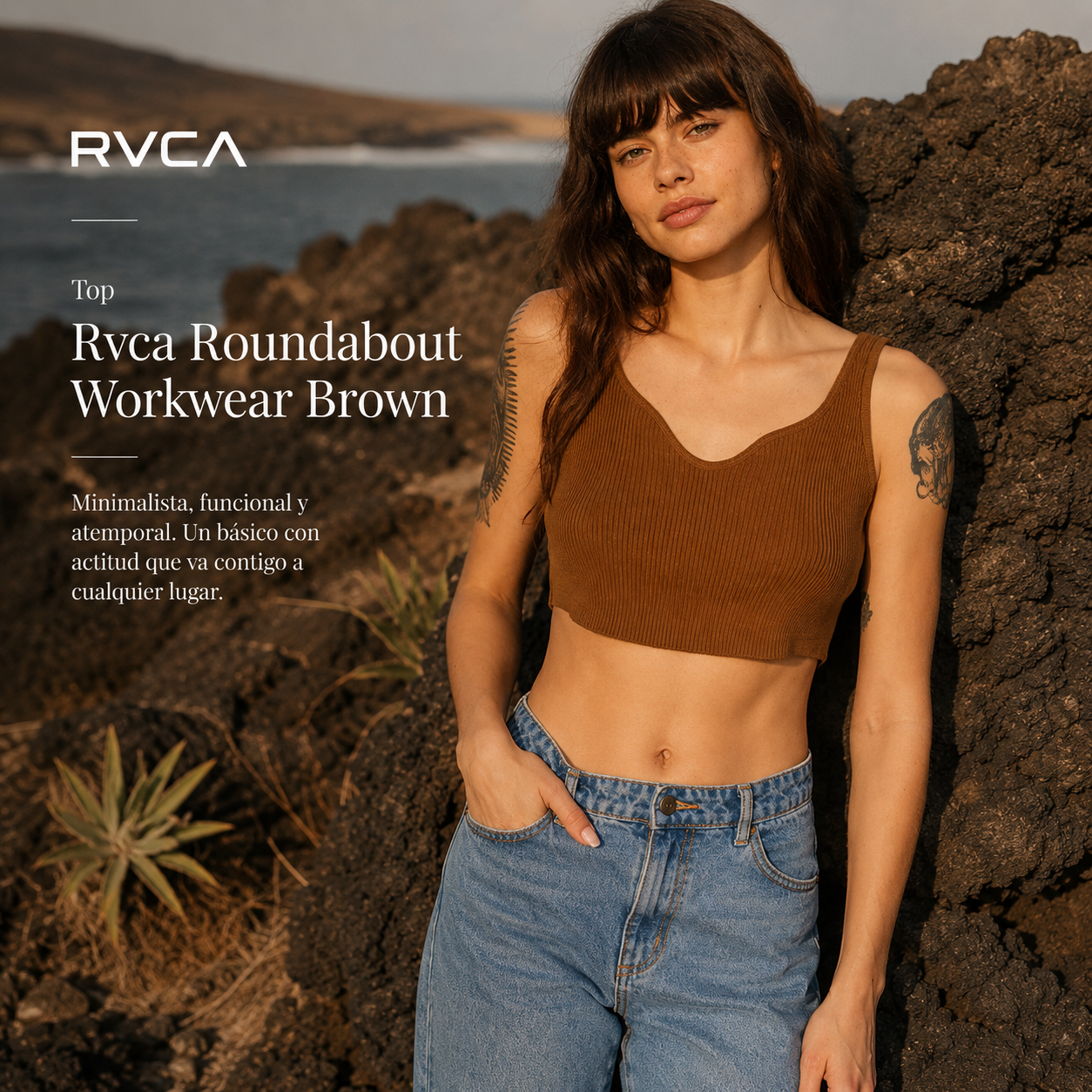 Top Rvca Roundabout Workwear Brown de mujer en escena piedra volcánica con estética editorial surfwear premium