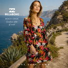 Vestido Billabong Beach Craze en fotografía editorial propia de THE SURF TOWN en mirador costero premium sobre acantilados mediterráneos con estilo surf lifestyle femenino