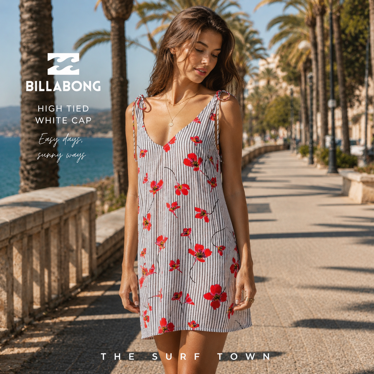 Vestido Billabong High Tied White Cap en fotografía editorial propia de THE SURF TOWN en mirador costero premium sobre acantilados mediterráneos con estilo surf lifestyle femenino
