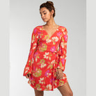 Vestido BILLABONG Hot Romance Bright Poppy rojo con estampado floral y manga larga para mujer