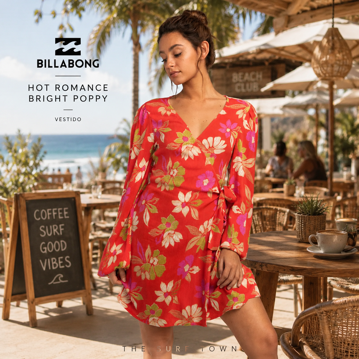 Vestido Billabong Hot Romance Bright Poppy en fotografía editorial propia de THE SURF TOWN en beach club premium junto al mar con estilo surf lifestyle femenino