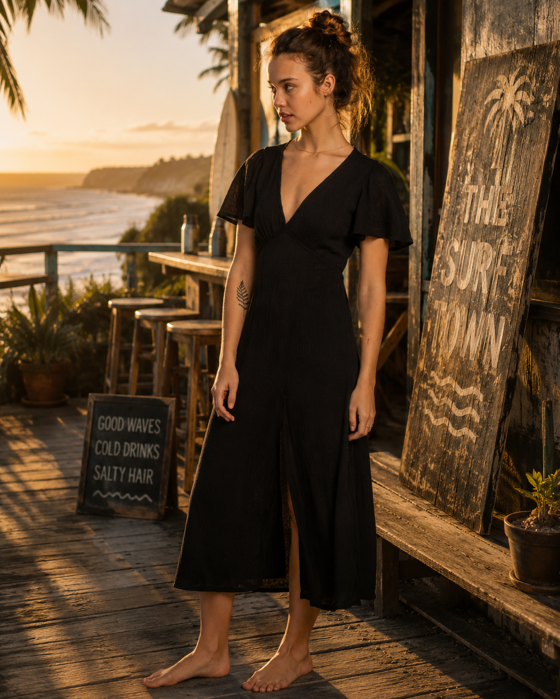 Vestido Billabong negro mujer estilo boho surf premium en beach café sunset Costa del Sol