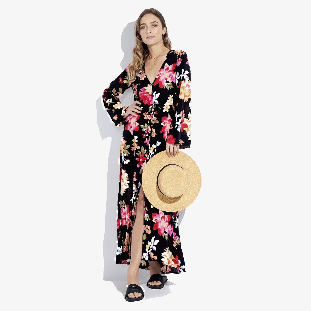 Vestido largo Billabong Flowers Black con estampado floral sobre fondo negro, ligero, cómodo y perfecto para un look veraniego elegante y surfero