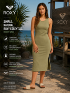 Vestido Roxy Good Keepsake Olive Green midi para mujer en escena beach lifestyle premium junto al mar