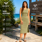 Vestido Roxy Good Keepsake Olive Green midi para mujer en escena beach lifestyle premium junto al mar