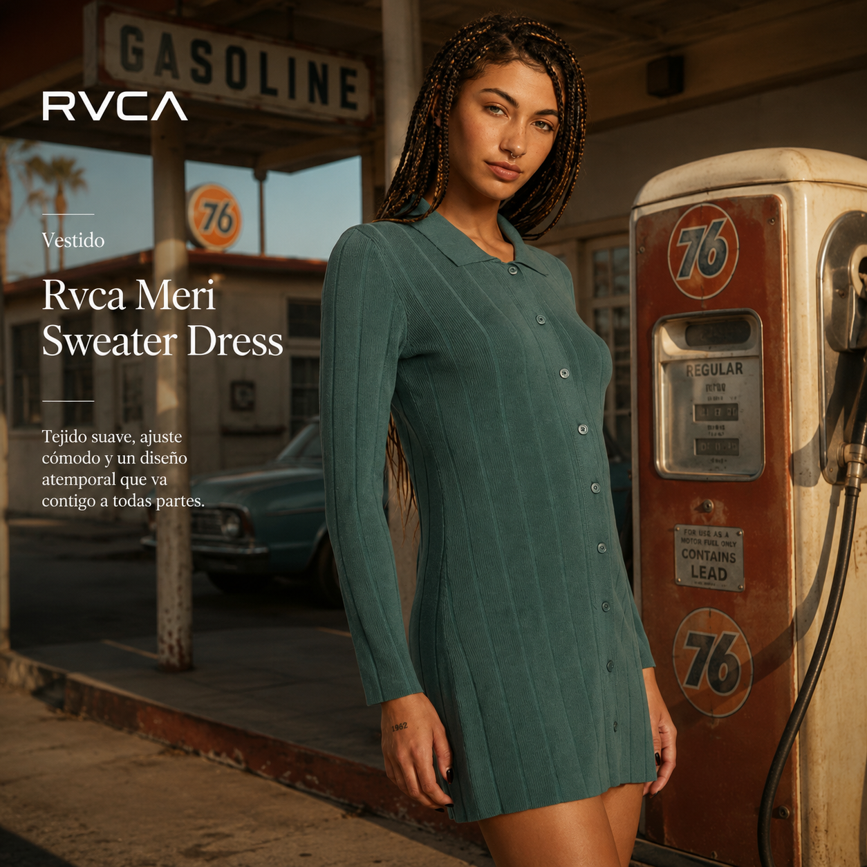 Vestido Rvca Meri Sweater Dress Spinach de mujer en escena gasolinera vintage con estética editorial surfwear premium