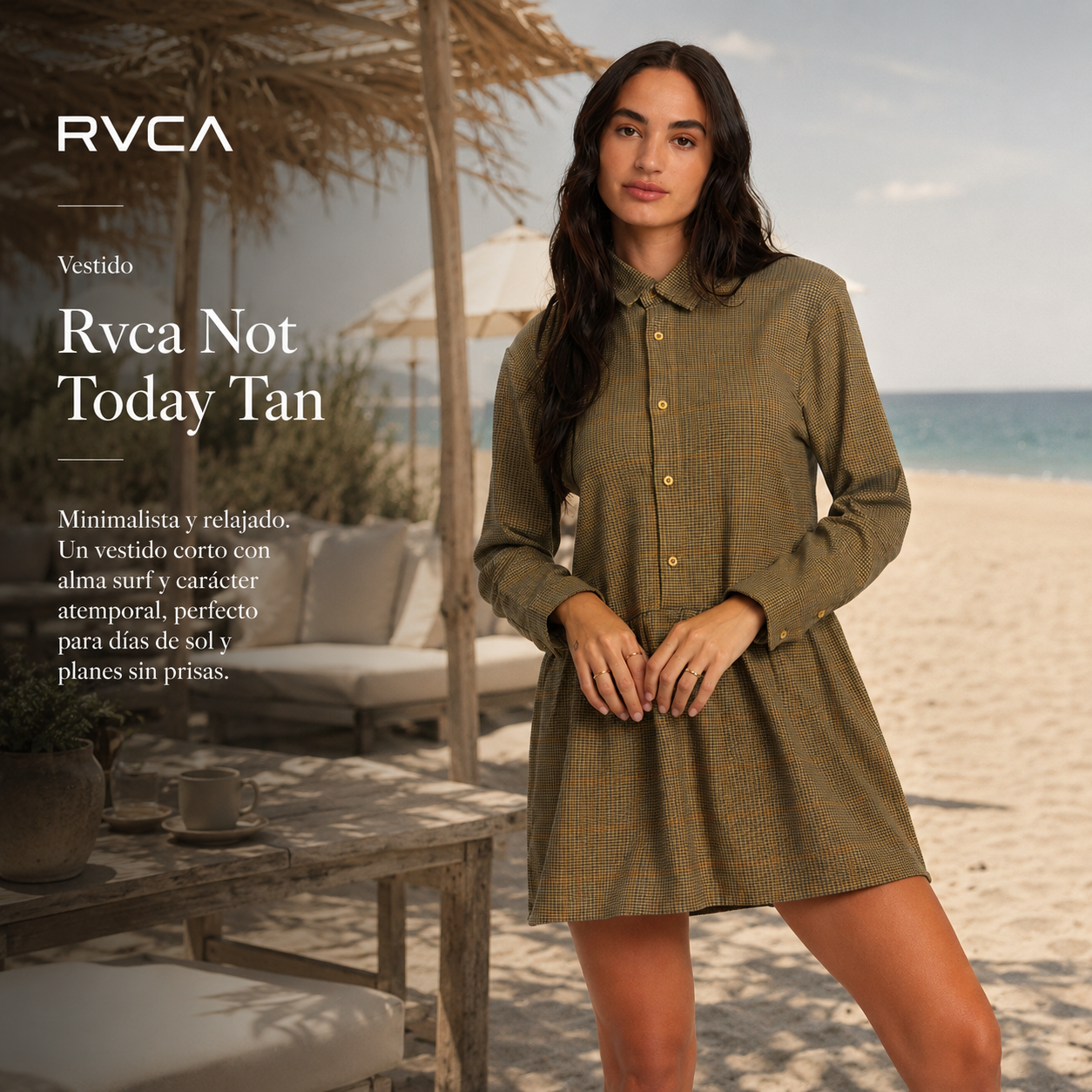 Mini Vestido Rvca Not Today Tan en arena blanca minimal con estética editorial surfwear premium y luz natural
