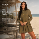 Mini Vestido Rvca Not Today Tan en arena blanca minimal con estética editorial surfwear premium y luz natural