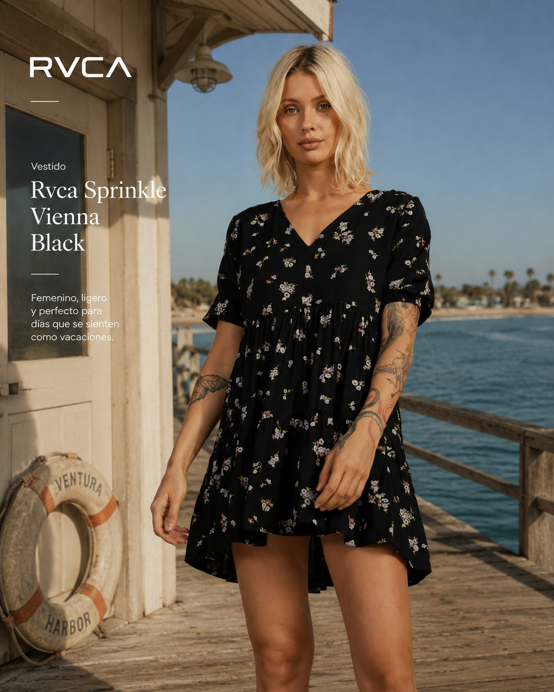 Vestido Rvca Sprinkle Vienna Black de mujer en muelle oceánico con estética editorial surfwear premium y luz natural