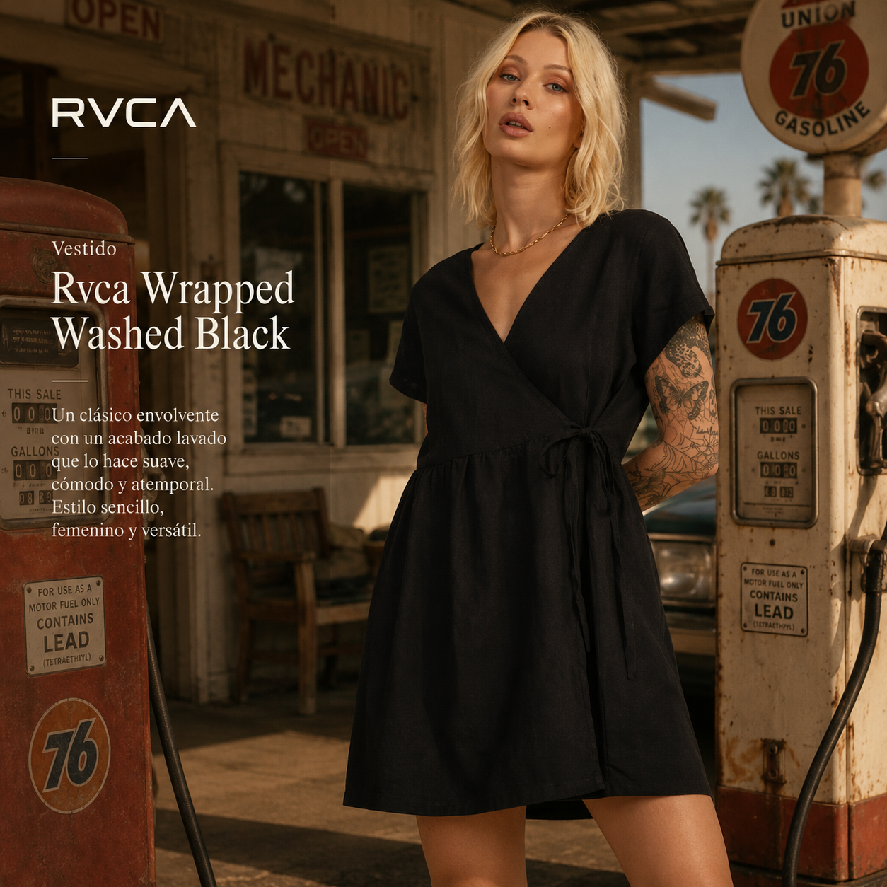 Mini Vestido Rvca Wrapped Washed Black de mujer en escena gasolinera vintage con estética editorial surfwear premium