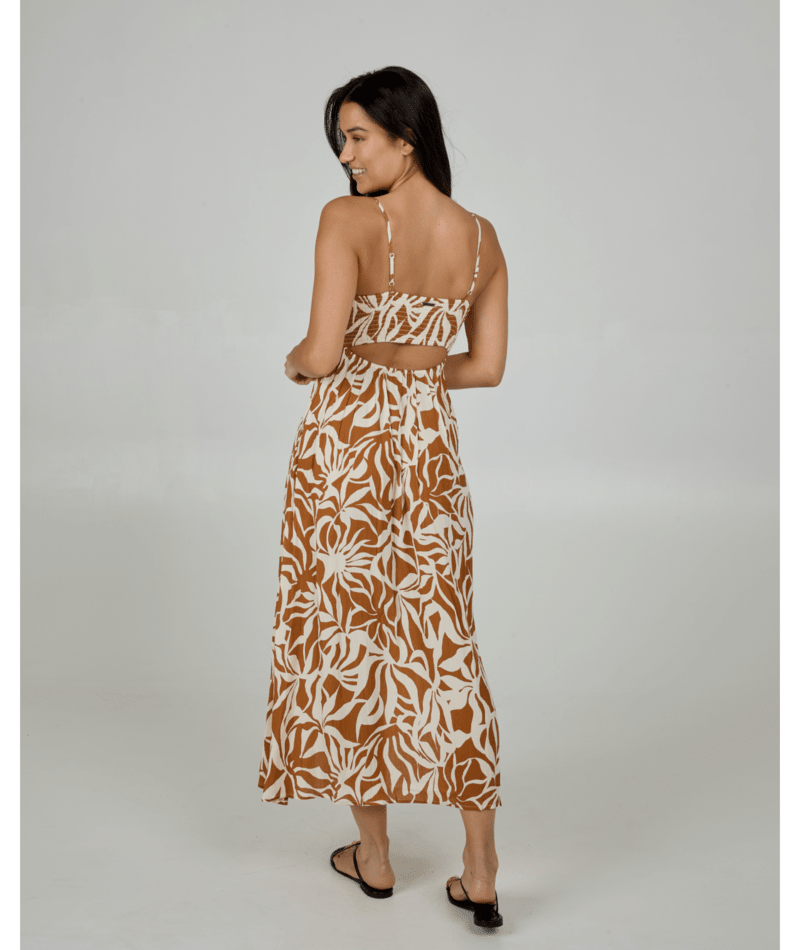 Vestido Salty Crew Ray Days Midi Dress Auburn para mujer con estampado veraniego, tirantes finos y largo midi de estilo costero