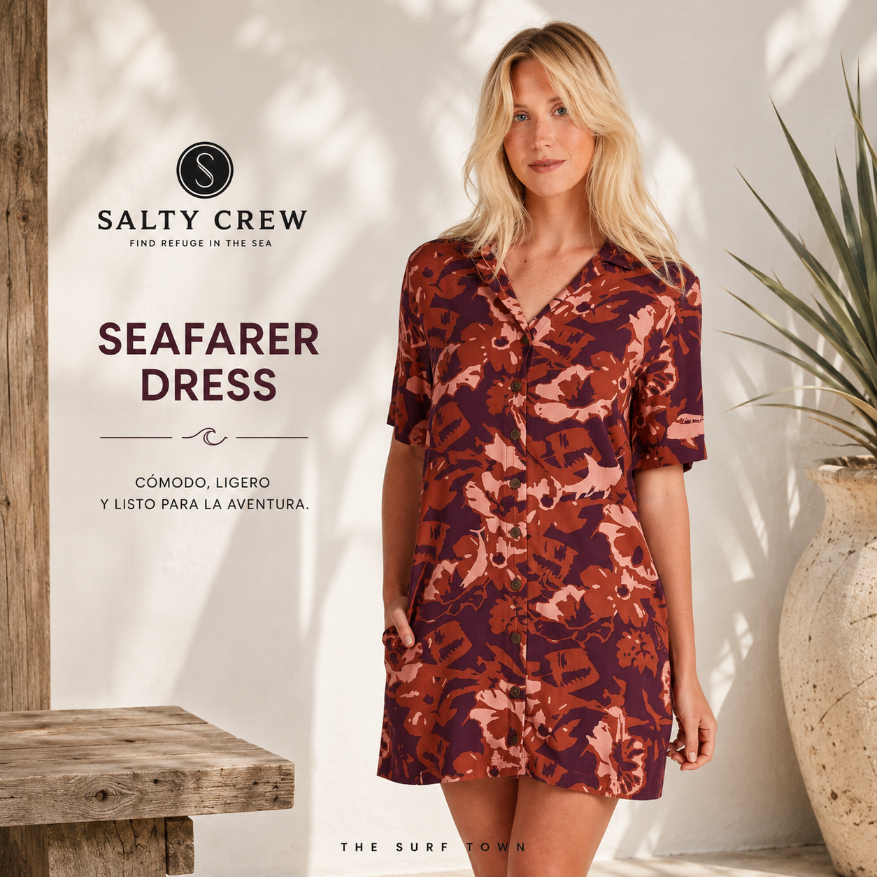Vestido Salty Crew Seafarer Wine en fotografía editorial propia de THE SURF TOWN con beach club premium mediterráneo y estilo surf lifestyle femenino