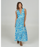 Vestido Salty Crew Windward Maxi Dress Bold Blue para mujer con estampado tropical azul y blanco, corte largo y estilo costero veraniego