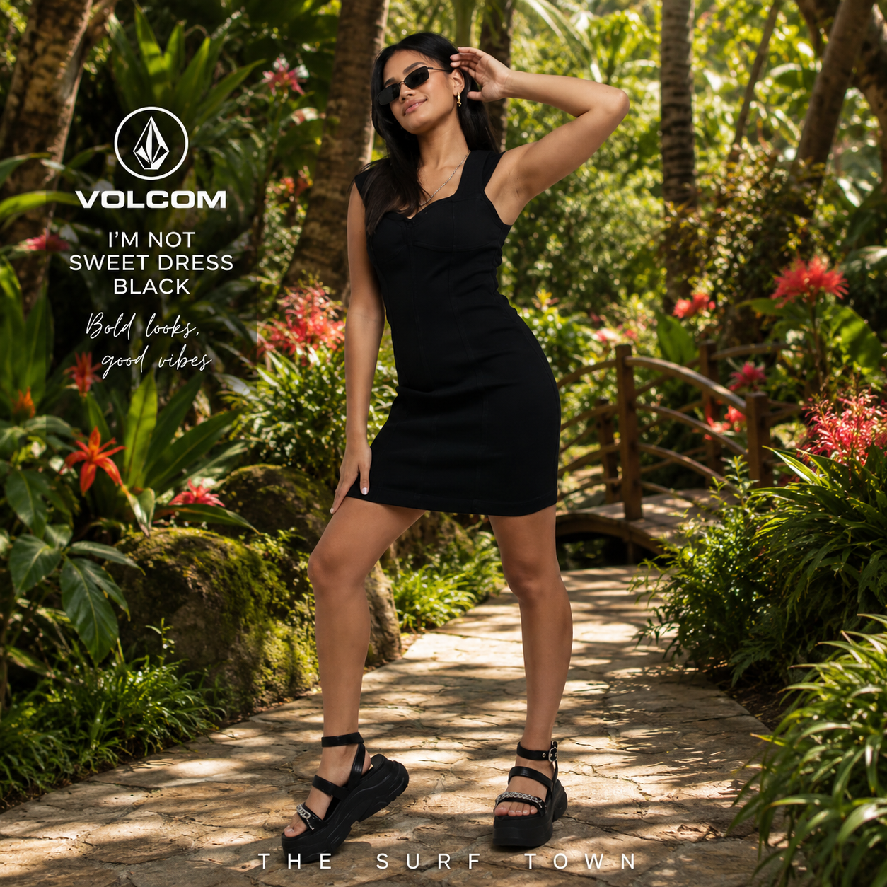 Vestido Volcom I'm Not Sweet Dress Black en fotografía editorial propia de THE SURF TOWN en jardín botánico tropical premium con estilo surf lifestyle femenino