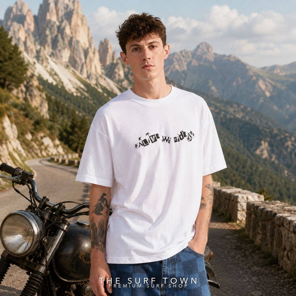 Camiseta Volcom Alive We Ride White en editorial premium The Surf Town