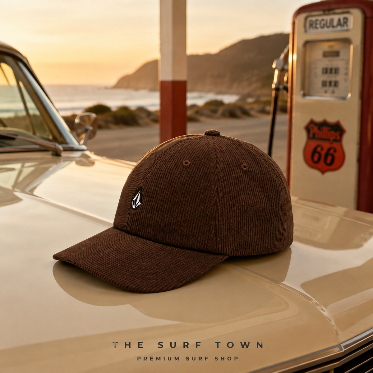 Gorra Volcom Full Stone Corduroy Cacao en gasolinera retro costera - editorial cuadrada The Surf Town