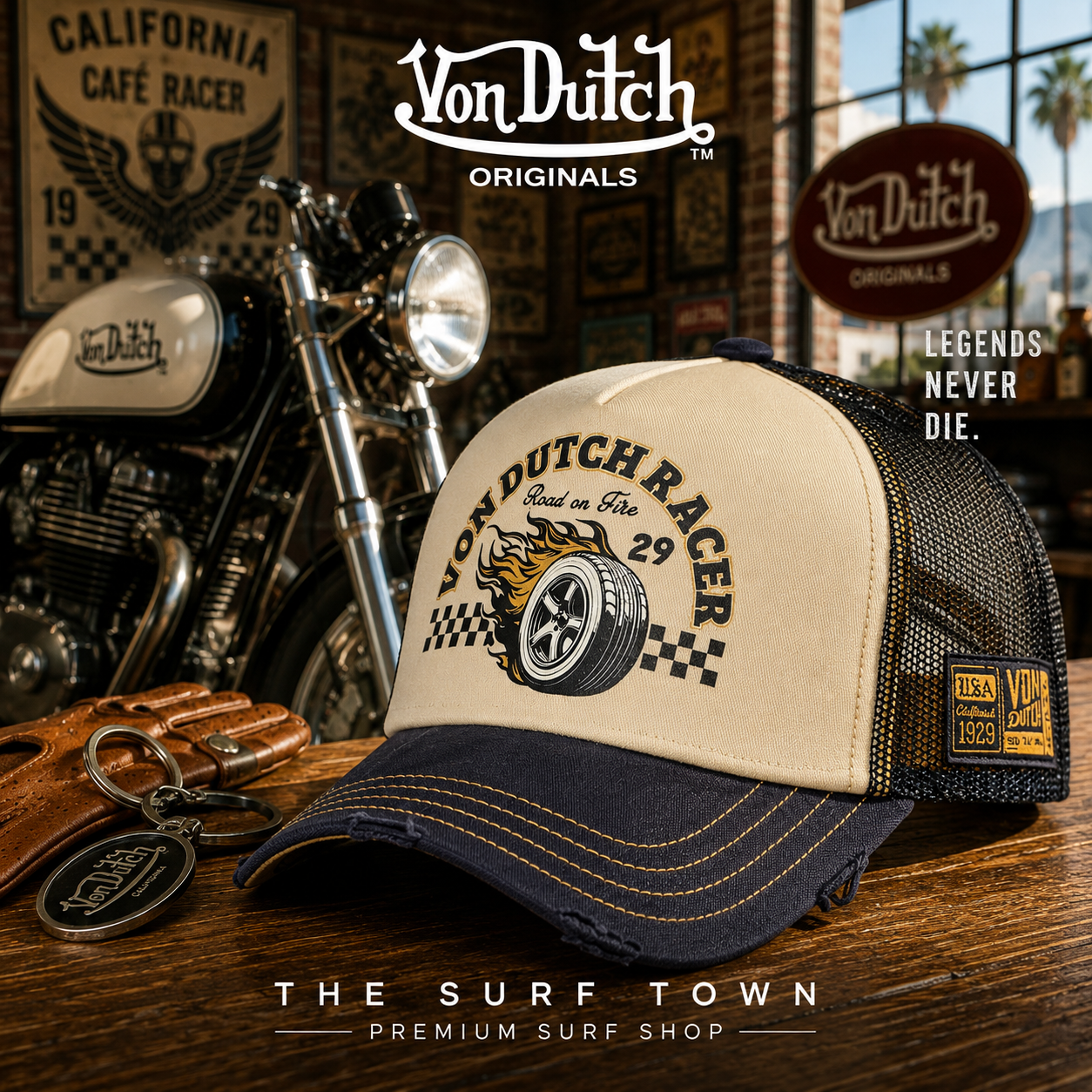 Gorra Von Dutch Crew 32 en fotografía editorial propia de THE SURF TOWN PREMIUM SURF SHOP con escenario café racer vintage, moto clásica y estilo California heritage.