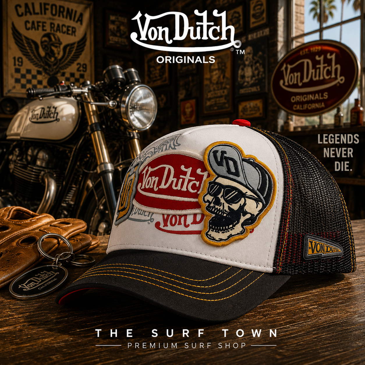 Gorra Von Dutch CT BAD en fotografía editorial propia de THE SURF TOWN PREMIUM SURF SHOP con escenario café racer vintage, moto clásica y estilo California heritage.