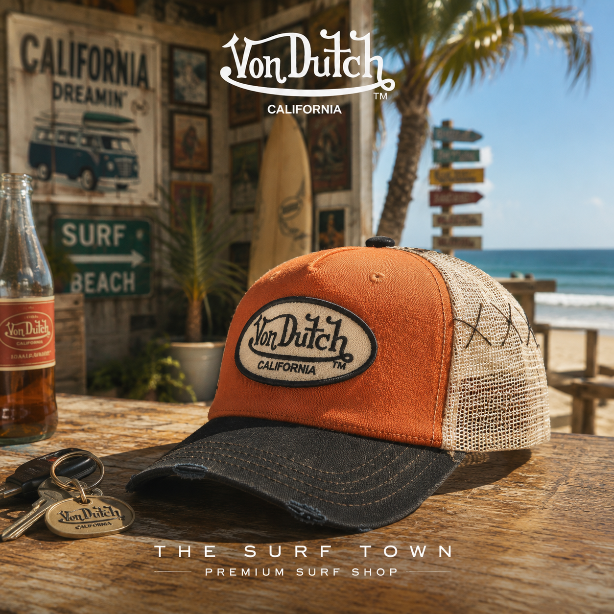 Gorra Von Dutch CT Used 07 en fotografía editorial propia de THE SURF TOWN PREMIUM SURF SHOP con escenario California Dreaming, playa y estilo vintage americano.