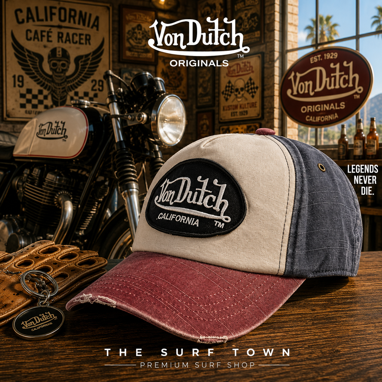 Gorra Von Dutch Jack BWR en fotografía editorial propia de THE SURF TOWN PREMIUM SURF SHOP con escenario café racer vintage, moto clásica y estilo California heritage.
