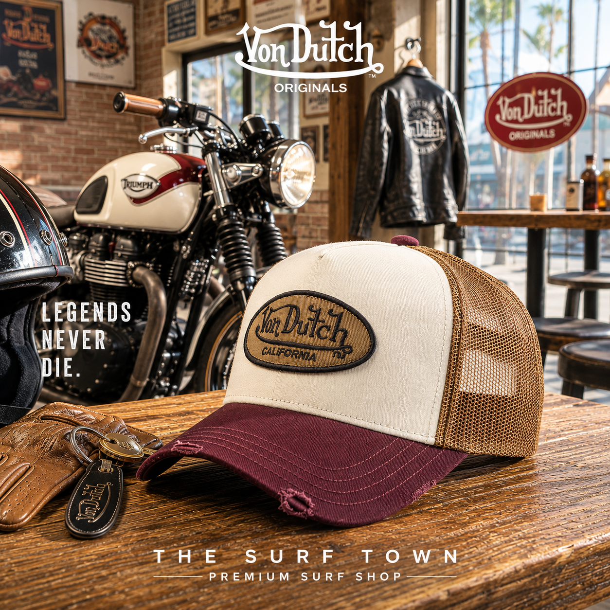 Gorra Von Dutch MUBU en fotografía editorial propia de THE SURF TOWN PREMIUM SURF SHOP con escenario café racer vintage, moto clásica y estilo California heritage.