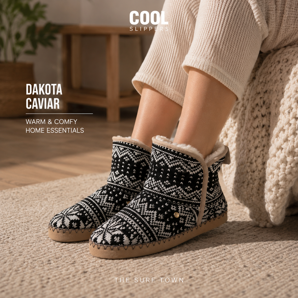 Zapatillas de casa Cool Slippers Dakota Caviar en fotografía editorial propia de THE SURF TOWN, botas de estar por casa con forro cálido y diseño nórdico en ambiente acogedor premium