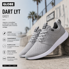 Zapatillas Globe Dart Lyt Grey grises en escena editorial urbana coastal lifestyle con estética minimal premium