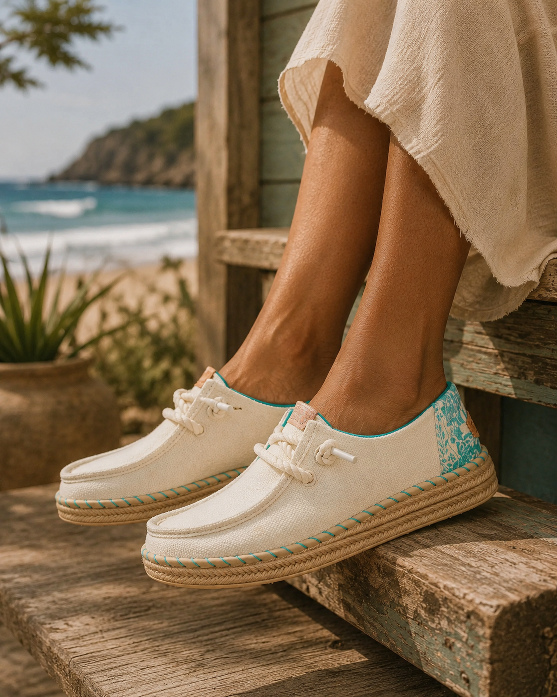 Zapatillas Hey Dude espadrille mujer color egret estilo coastal lifestyle premium junto al mar