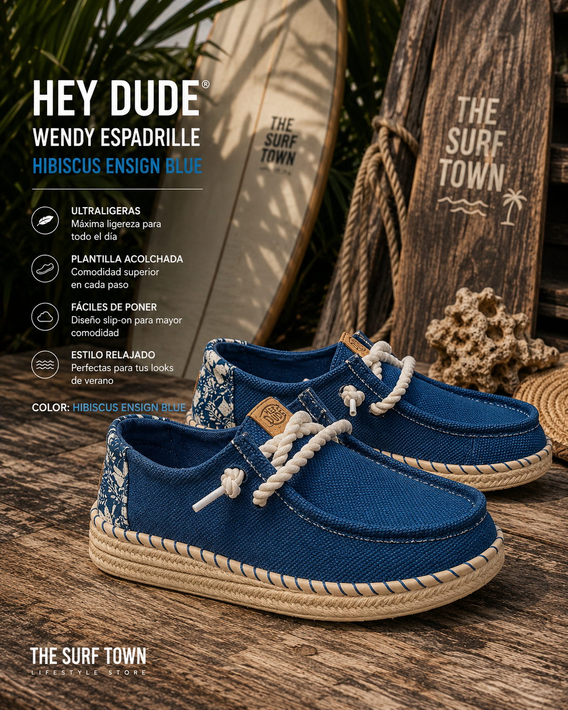 Zapatillas Hey Dude Wendy Espadrille Hibiscus Ensign Blue para mujer en escena surf lifestyle tropical premium