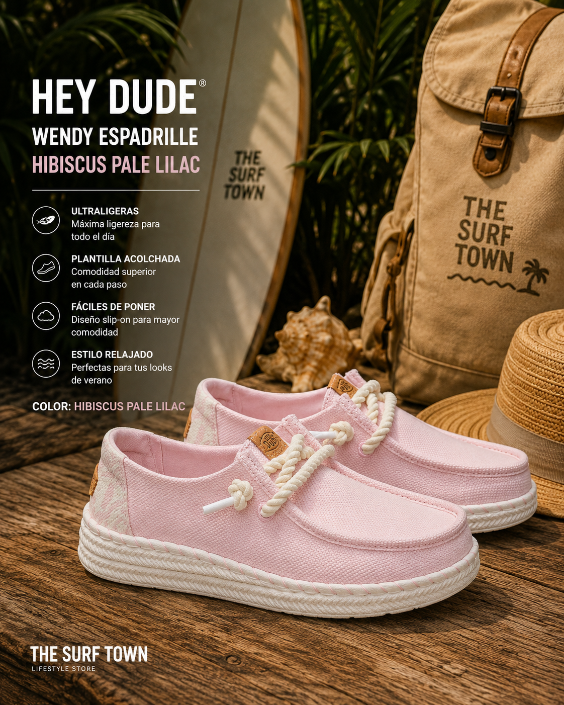 Zapatillas Hey Dude Wendy Espadrille Hibiscus Pale Lilac para mujer en escena surf lifestyle tropical premium
