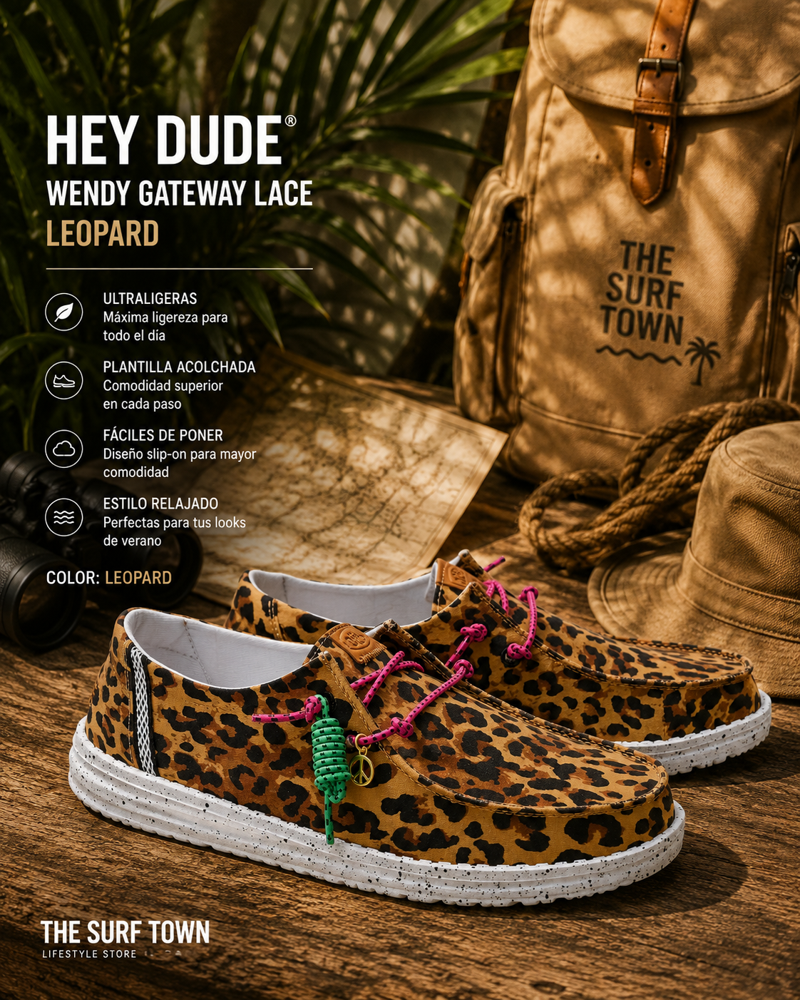 Zapatillas Hey Dude Wendy Gateway Lace Leopard para mujer en escena safari lifestyle premium con estampado animal print