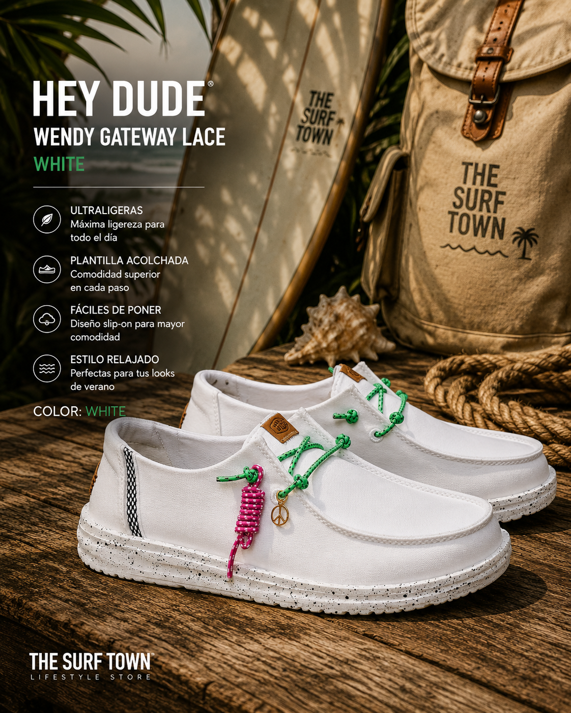 Zapatillas Hey Dude Wendy Gateway Lace White para mujer en escena surf lifestyle tropical premium