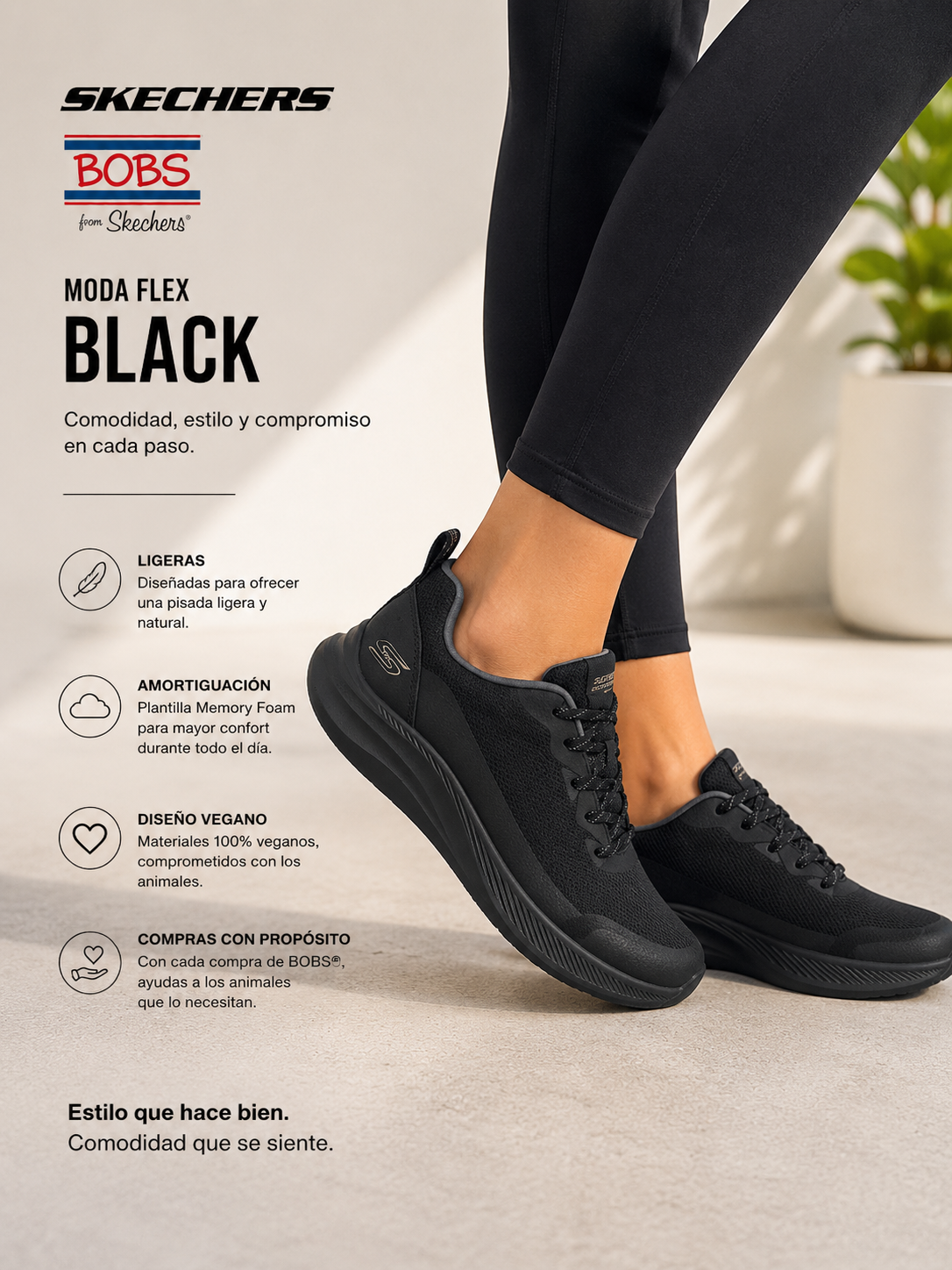 Zapatillas Skechers Bobs Moda Flex Black para mujer con diseño deportivo cómodo y ligero