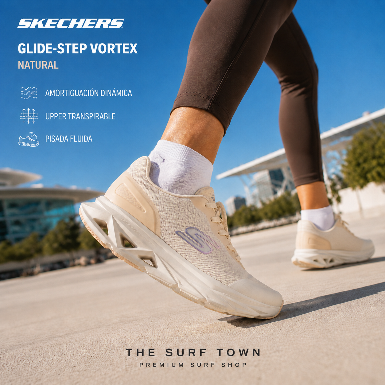 Zapatillas Skechers Glide-Step Vortex Natural para mujer en una imagen editorial propia de THE SURF TOWN