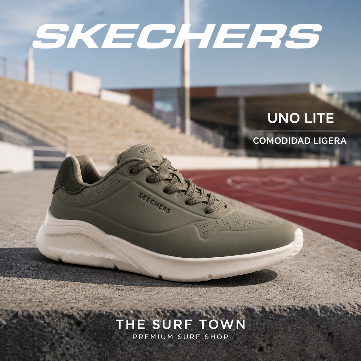 Zapatillas Skechers de hombre Uno Lite Olive en una escena deportiva urbana, imagen editorial propia de THE SURF TOWN