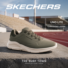 Zapatillas Skechers de hombre Uno Lite Olive en una escena deportiva urbana, imagen editorial propia de THE SURF TOWN