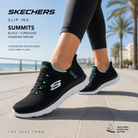 Zapatillas Skechers Slip Ins Summits Black Turquoise Diamond Dream en paseo marítimo deportivo frente al mar, fotografía editorial propia de THE SURF TOWN con estilo fitness lifestyle femenino