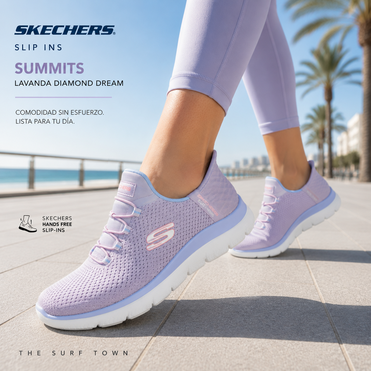 Zapatillas Skechers Slip Ins Summits Lavanda Diamond Dream en paseo marítimo deportivo junto al mar, fotografía propia de THE SURF TOWN con estilo fitness femenino y luz natural